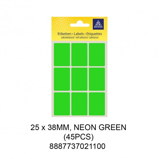 MAYSPIES MS-25X38MM COLOUR LABEL / 5 SHEETS/PKT / 45PCS / 25X38MM NEON GREEN